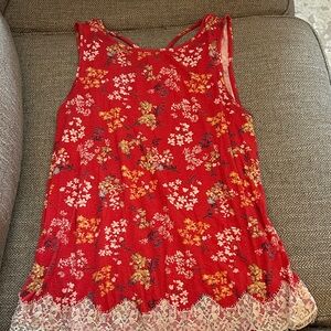 Rewind Vibrant Red Floral Tank with Lace Trim, Size Medium